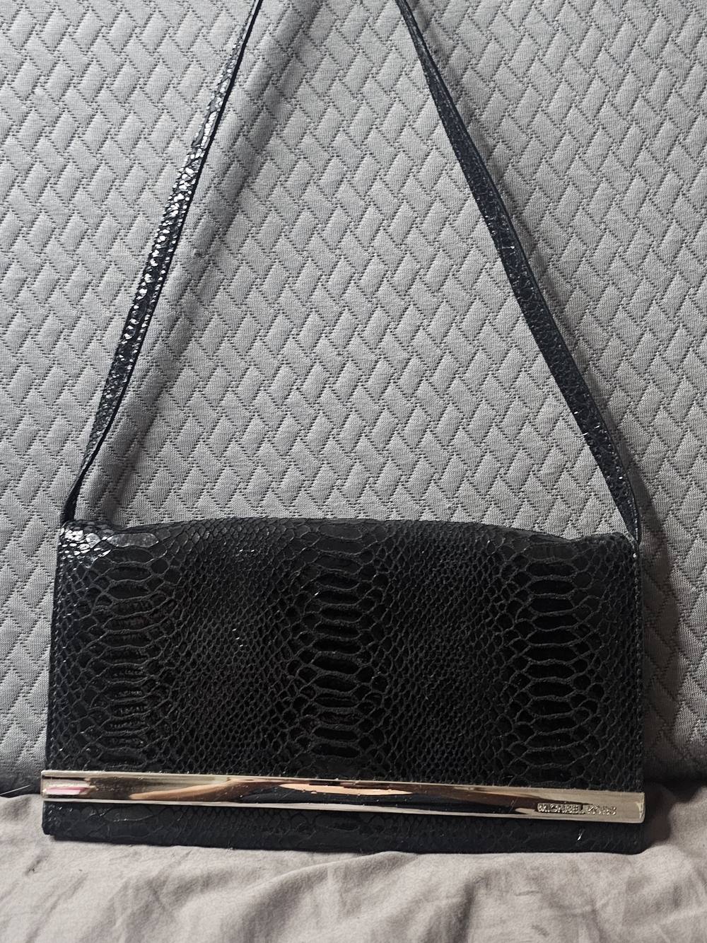 Michael Kors Black Snake-Embossed Clutch Evening Bag with Silver Bar